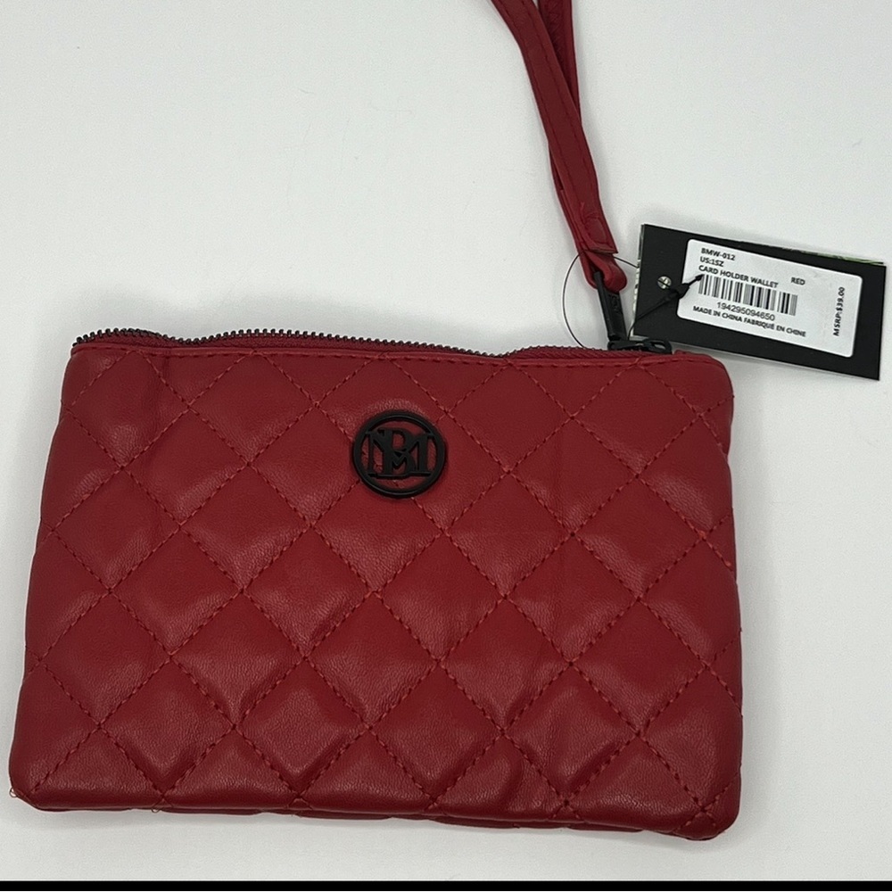 Badgley Mischka Red Quilted Card Holder Wallet Wristlet Logo Detail NEW